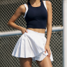 Deep U back design of women's sleeveless halter tennis dress with white contrast straps