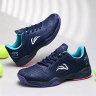 Unisex pickleball tennis court shoes in navy with purple and pink non-marking sole for competitive play