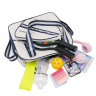 White waterproof pickleball bag with navy stripes holding two paddles in independent racket compartment