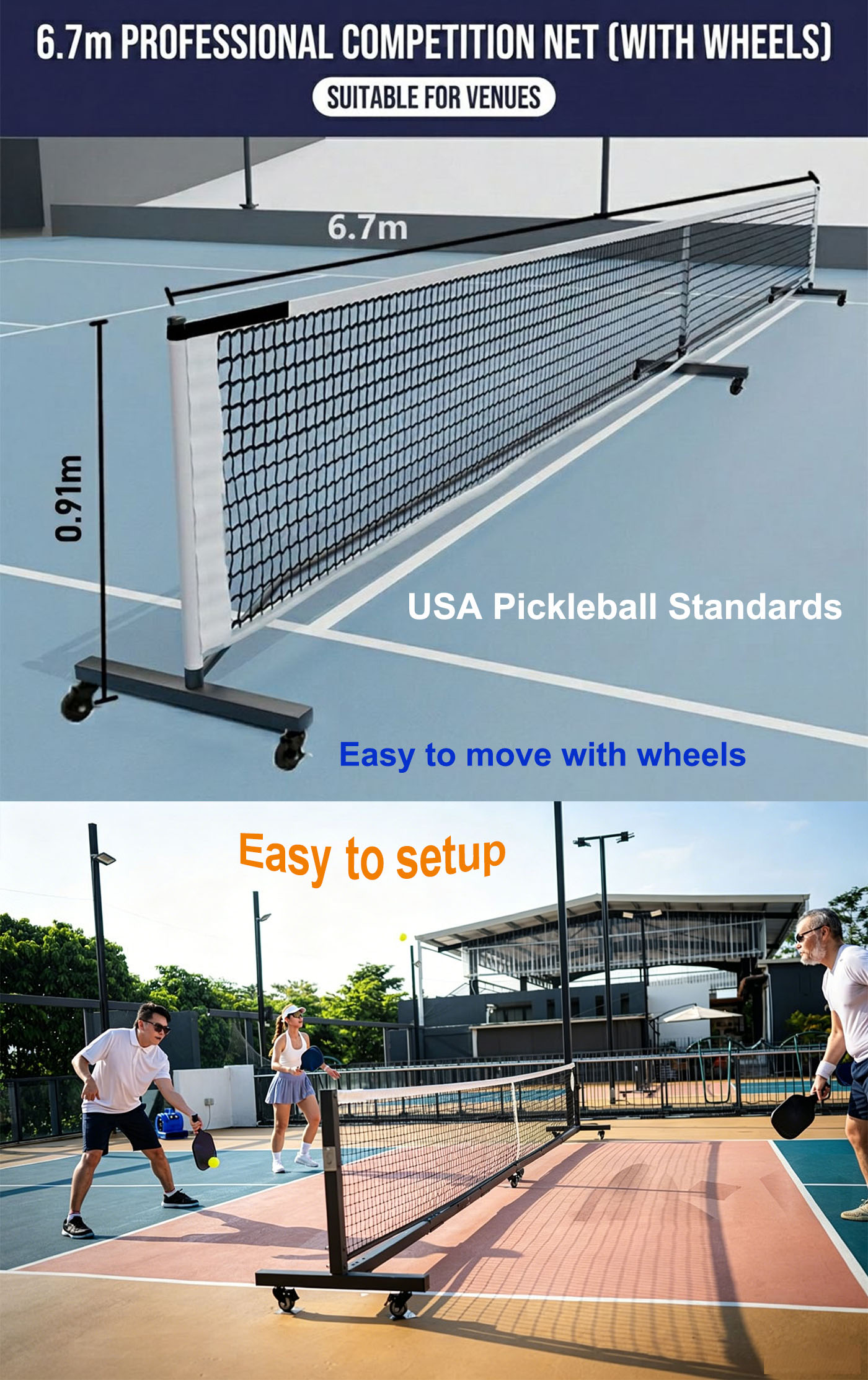 Custom 22ft Durable Pickleball Nets with or without Wheels Reinforced Portable Pickleball Nets Set for indoor and outdoor courts