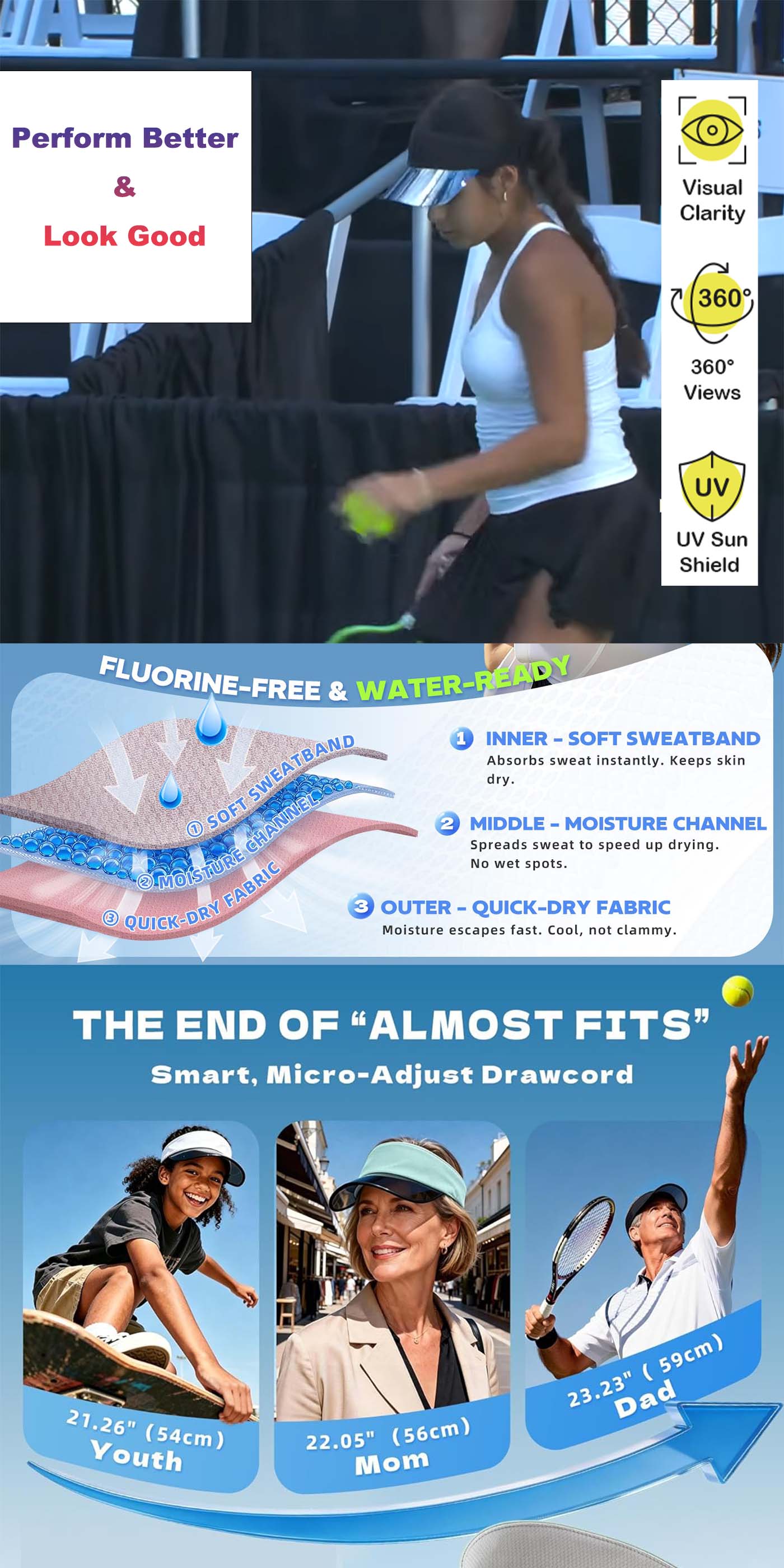 Transparent Brim Visor with adjustable Drawstring for pickleball outdoor sports - UPF50  UV Protection