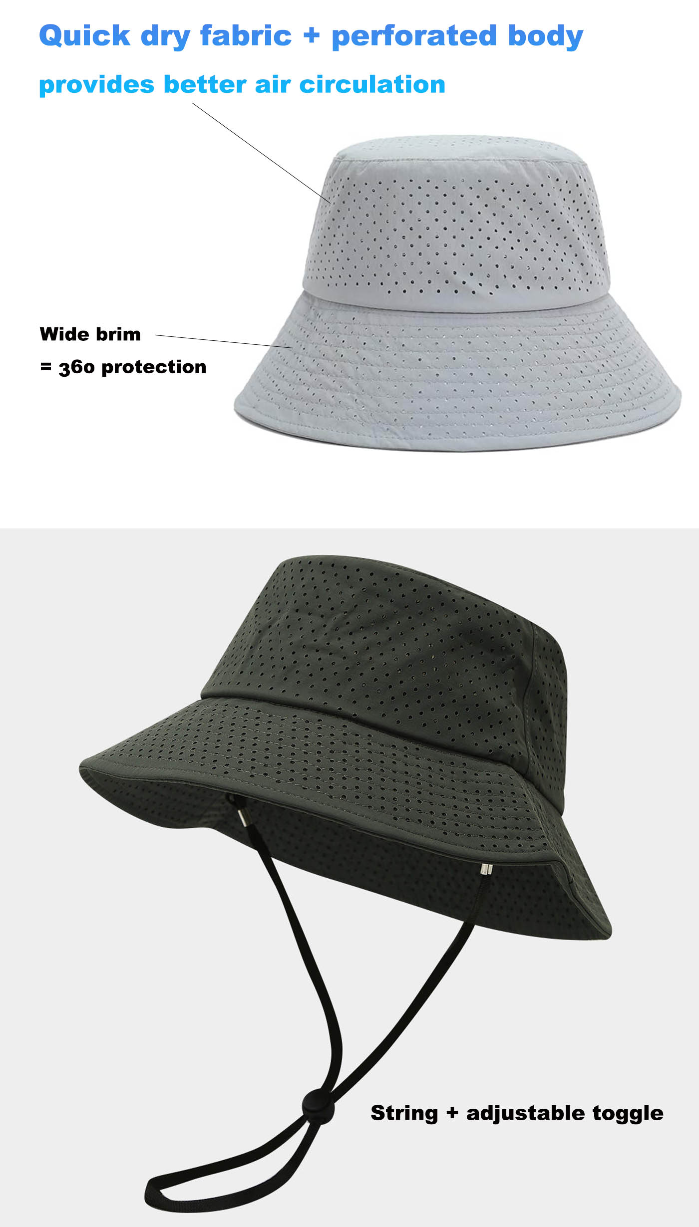 Wide Brim Perforated Bucket Hat with Adjustable String Airy Mesh Fabric Breathable UV-Protective Boonie Hat for Pickleball Golf Fishing outdoor activities