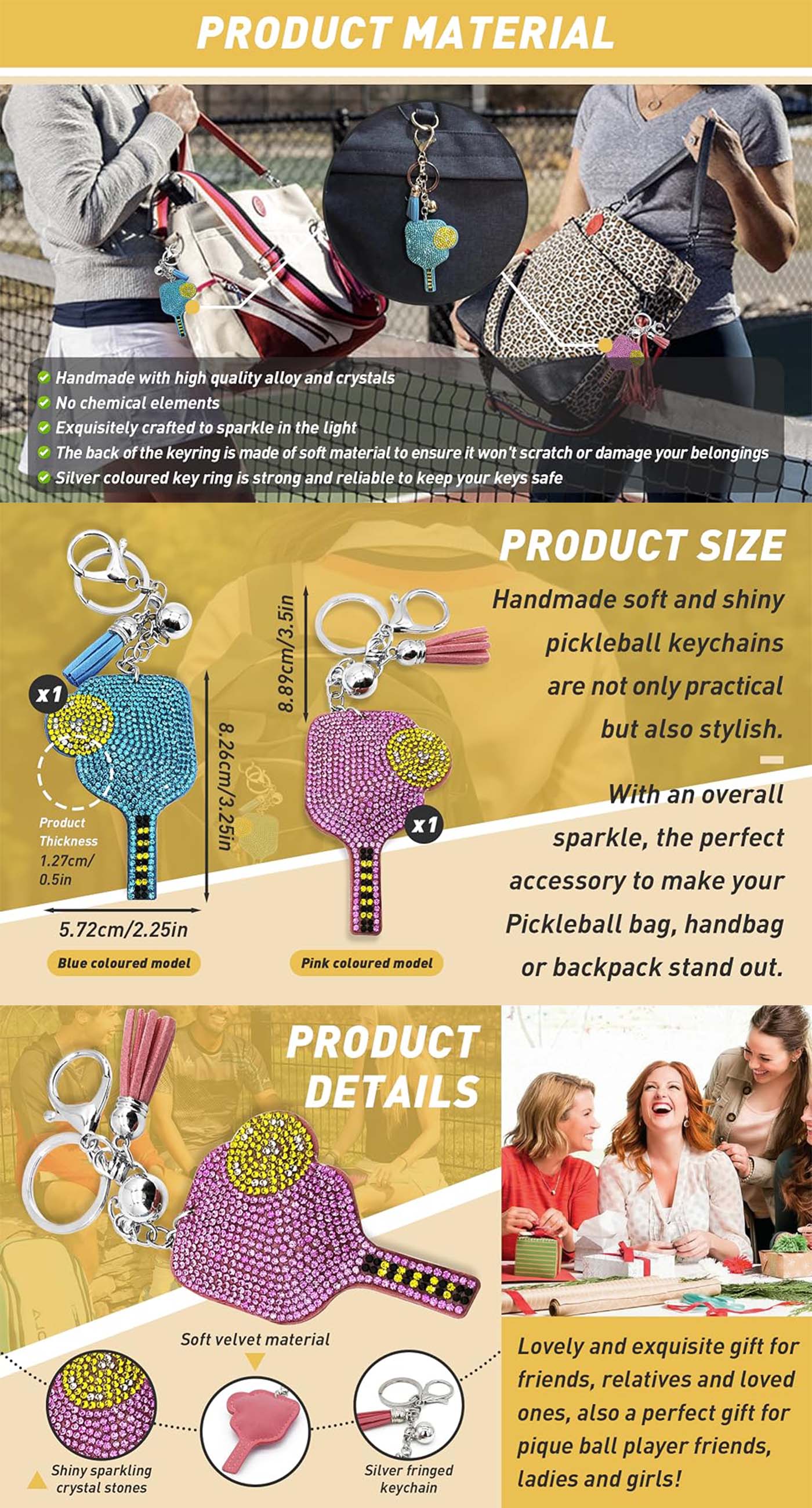 Pickleball Keychain Accessories, Car Keys Charms, Bling Keychain, Cute Purse Charms for Handbags