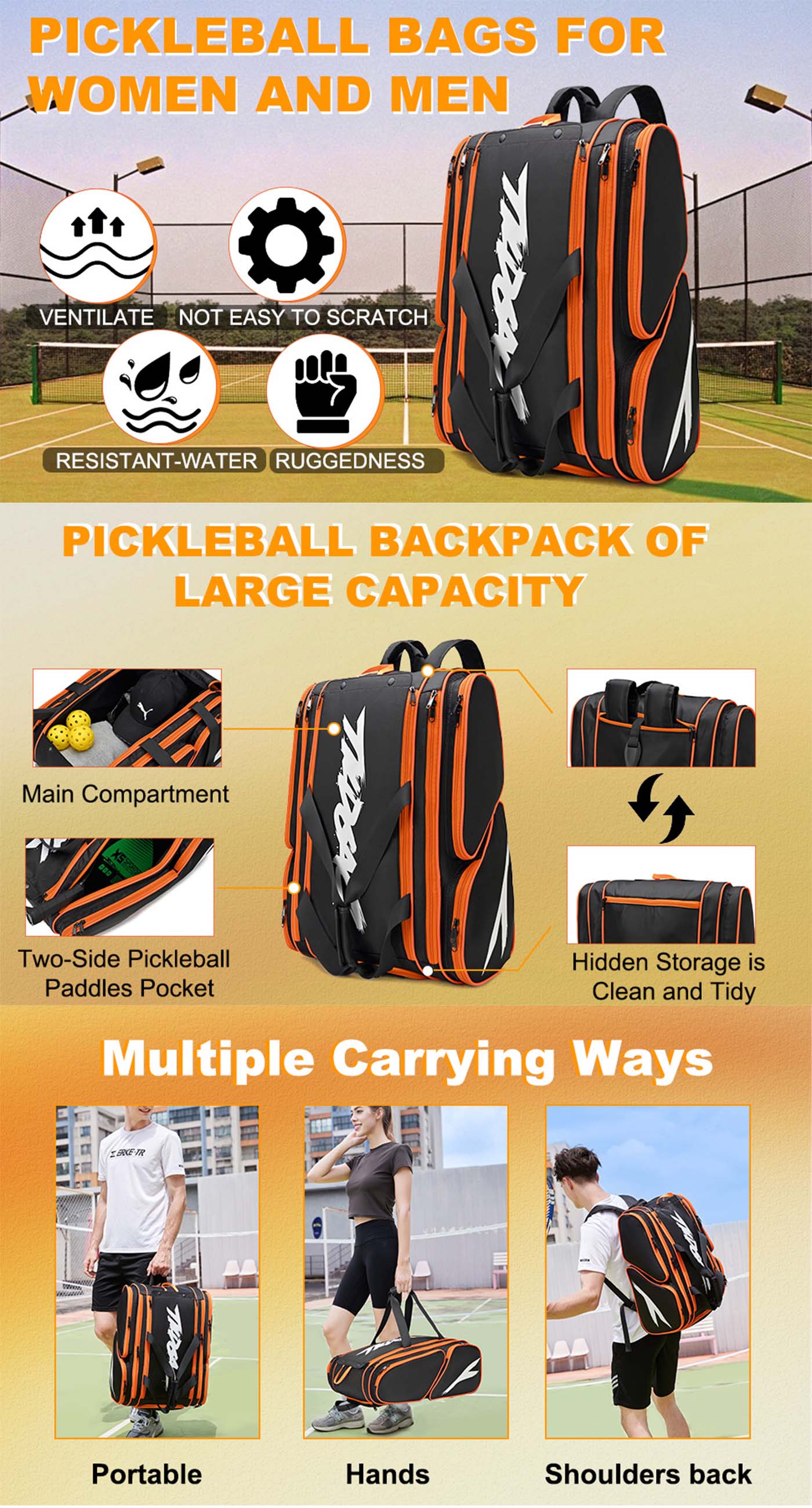 Tornament pickleball bag 44L large capacity for tour rally
