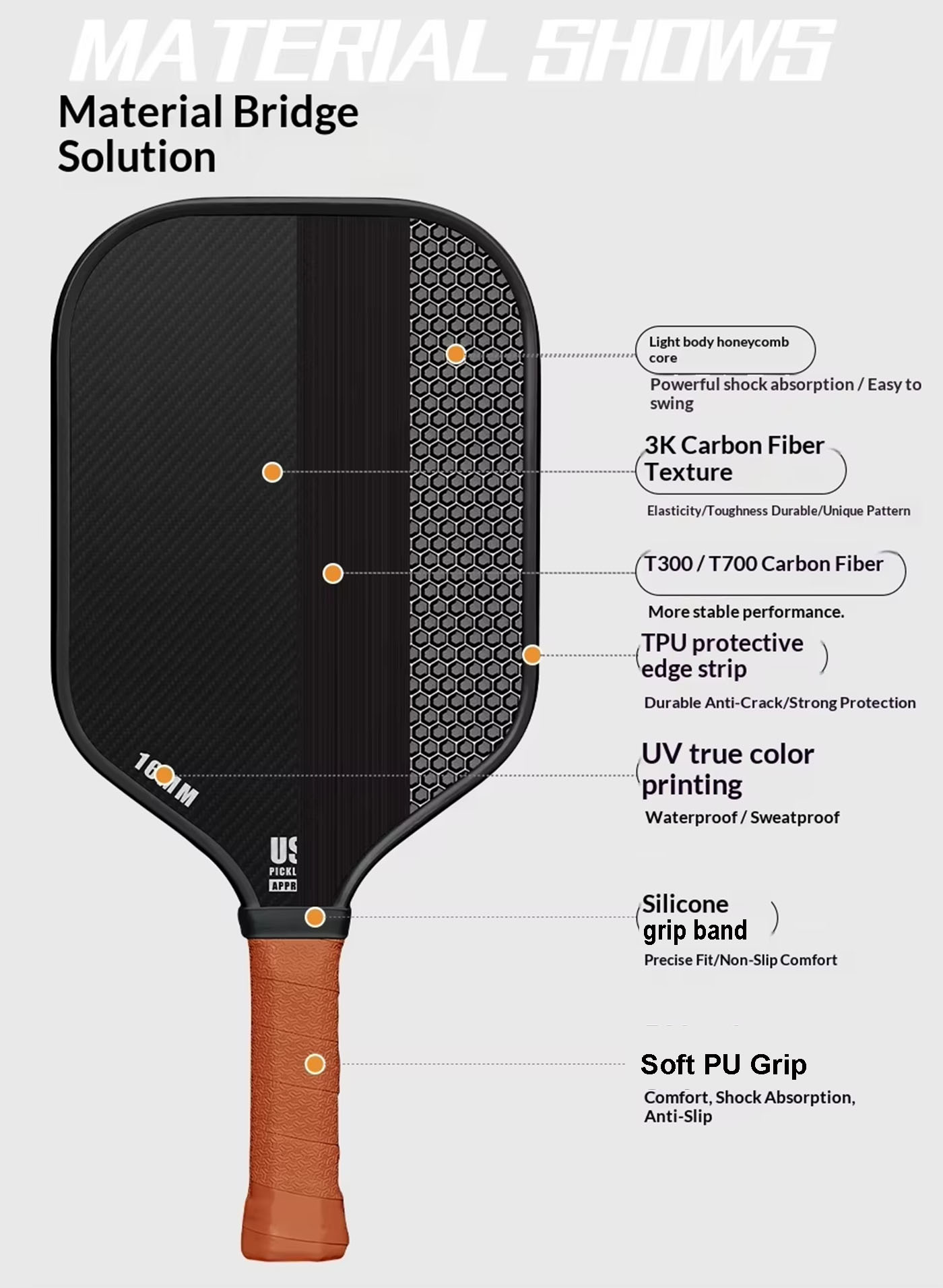 T300 Carbon Fiber Pickleball Paddle – 225g Honeycomb Core, Custom OEM Paddle Factory