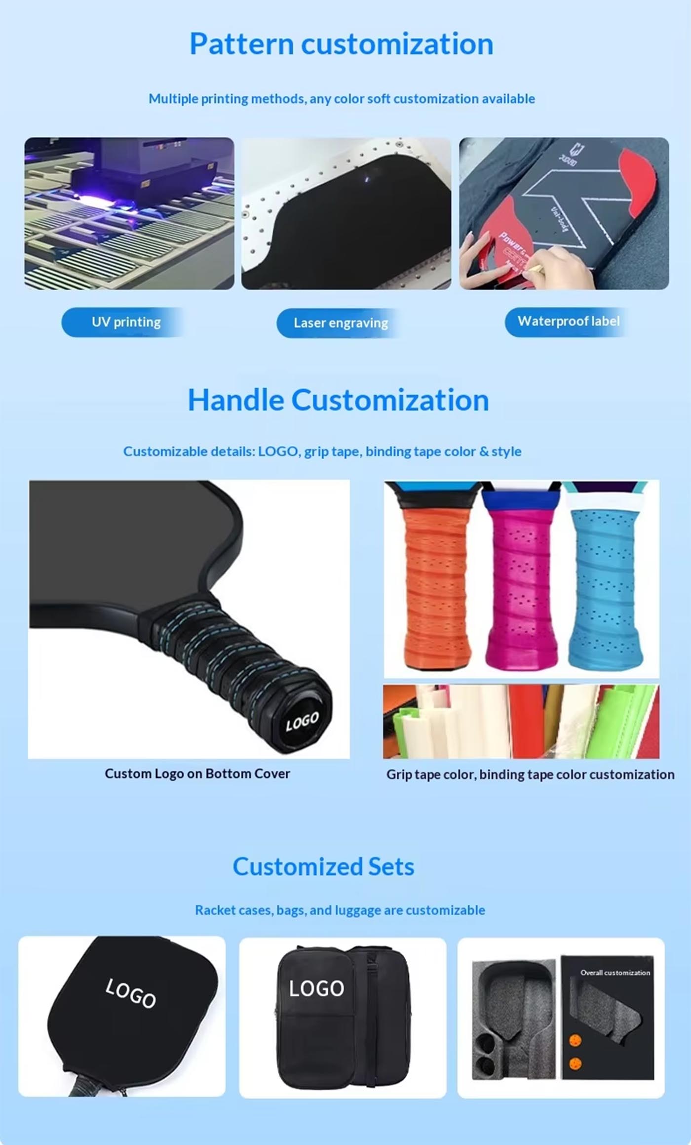Custom T700 Carbon Fiber Pickleball Paddle with PP Honeycomb Core 11/13/14/16mm
