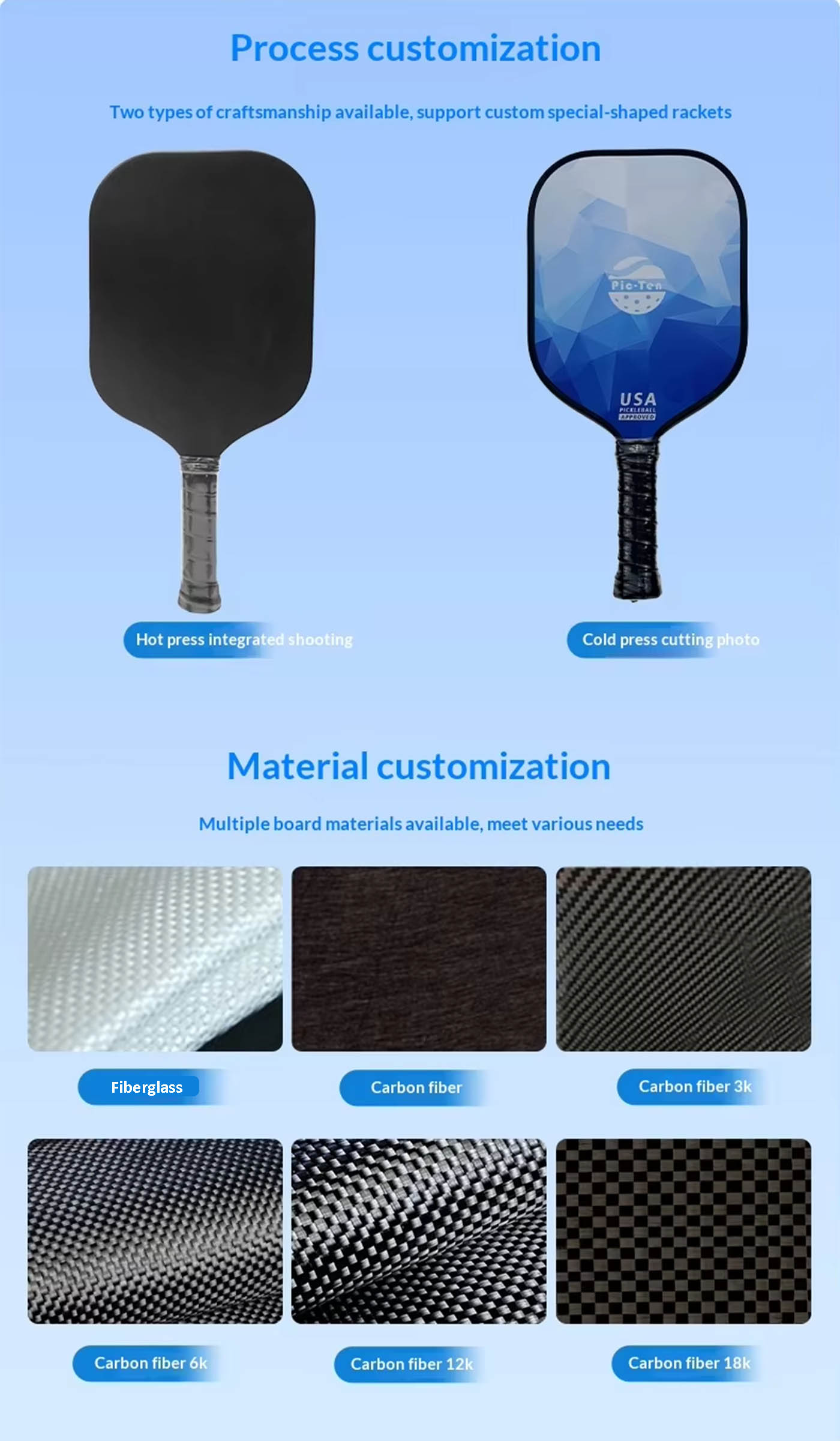 Custom T700 Carbon Fiber Pickleball Paddle with PP Honeycomb Core 11/13/14/16mm