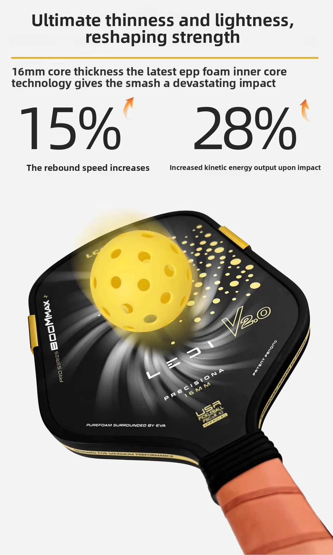 Cross-border Exclusive Pickleball Paddle Carbon Fiber 16mm EPP Foam Core 225-235g USA Approved In-stock Wholesale
