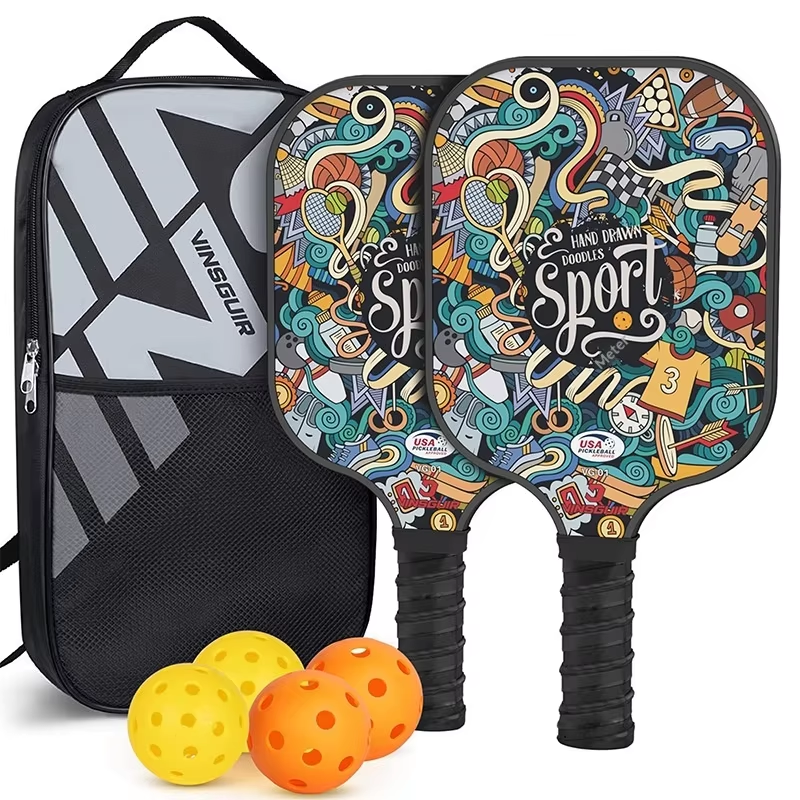 Custom Pickleball Paddle Set of 2 - T700 Carbon Fiberglass Rackets with Honeycomb Core, Bag and Balls