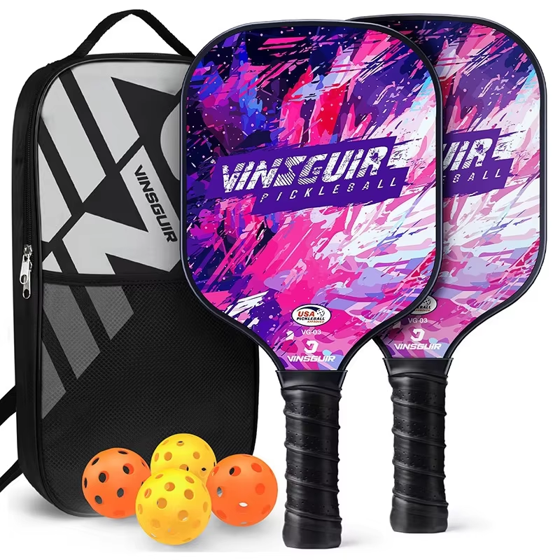 Custom Pickleball Paddle Set of 2 - T700 Carbon Fiberglass Rackets with Honeycomb Core, Bag and Balls