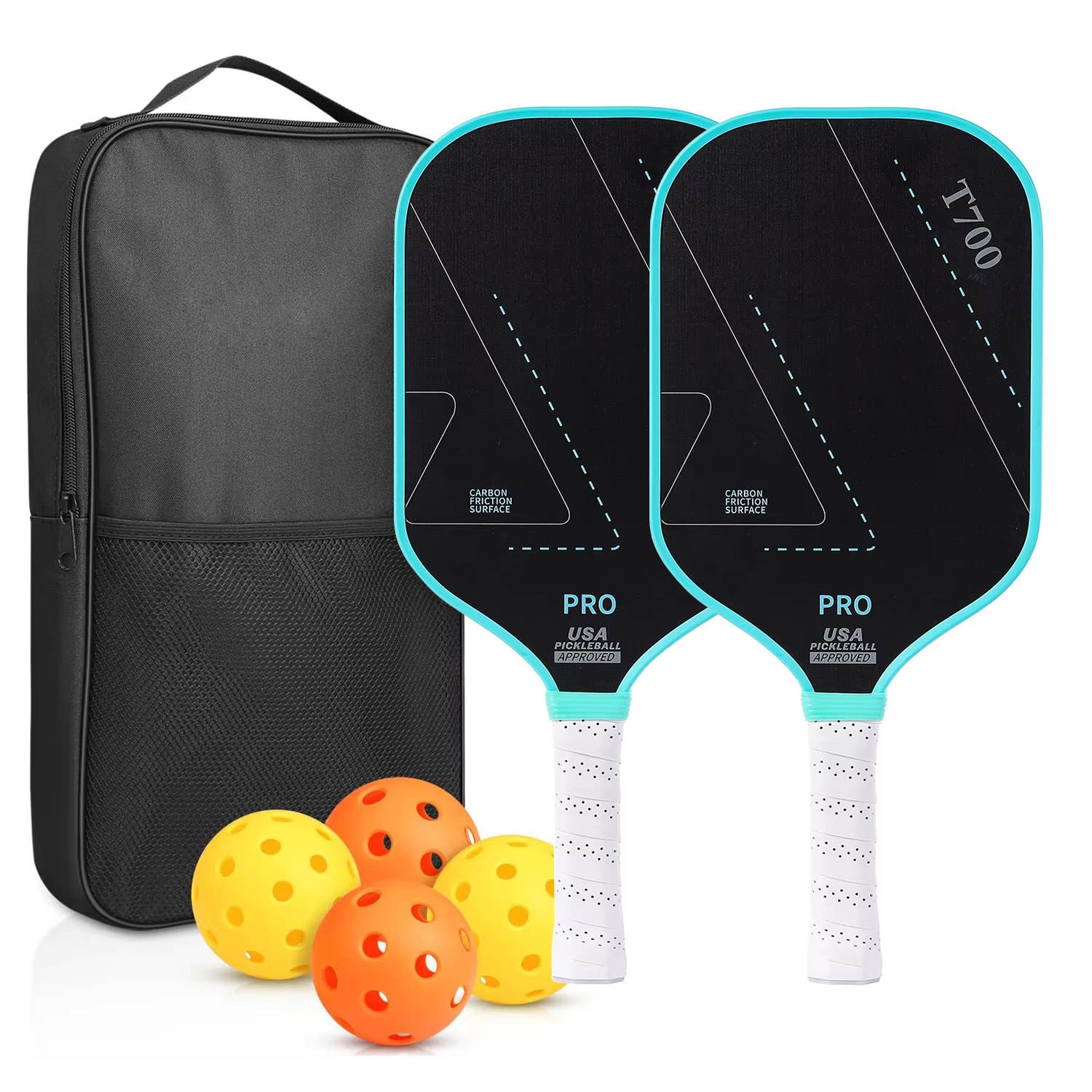 T700 Carbon Fiber Pickleball Paddle Set of 2 - USA Approved 16 mm Honeycomb Core with Bag and Balls