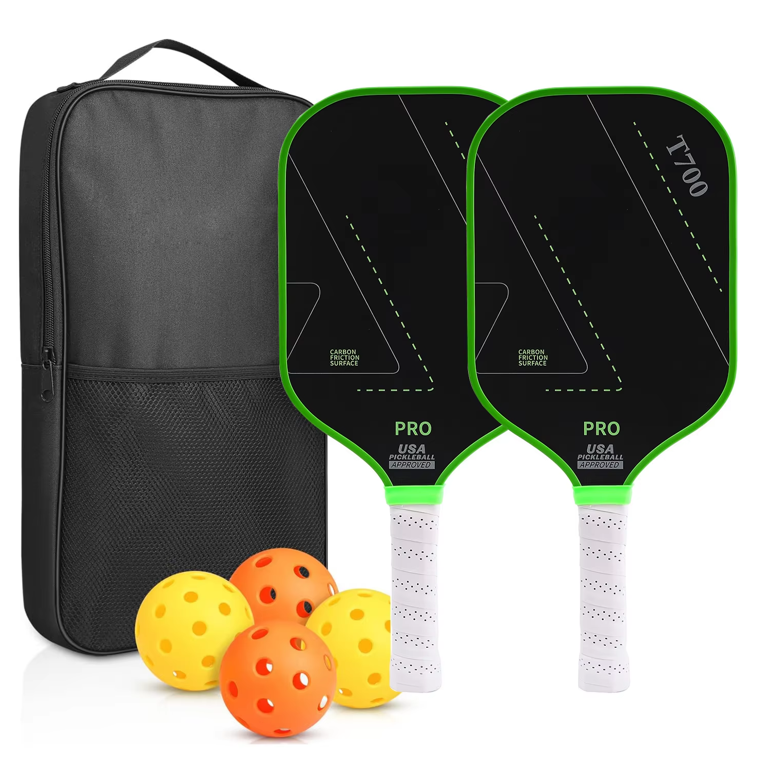 T700 Carbon Fiber Pickleball Paddle Set of 2 - USA Approved 16 mm Honeycomb Core with Bag and Balls