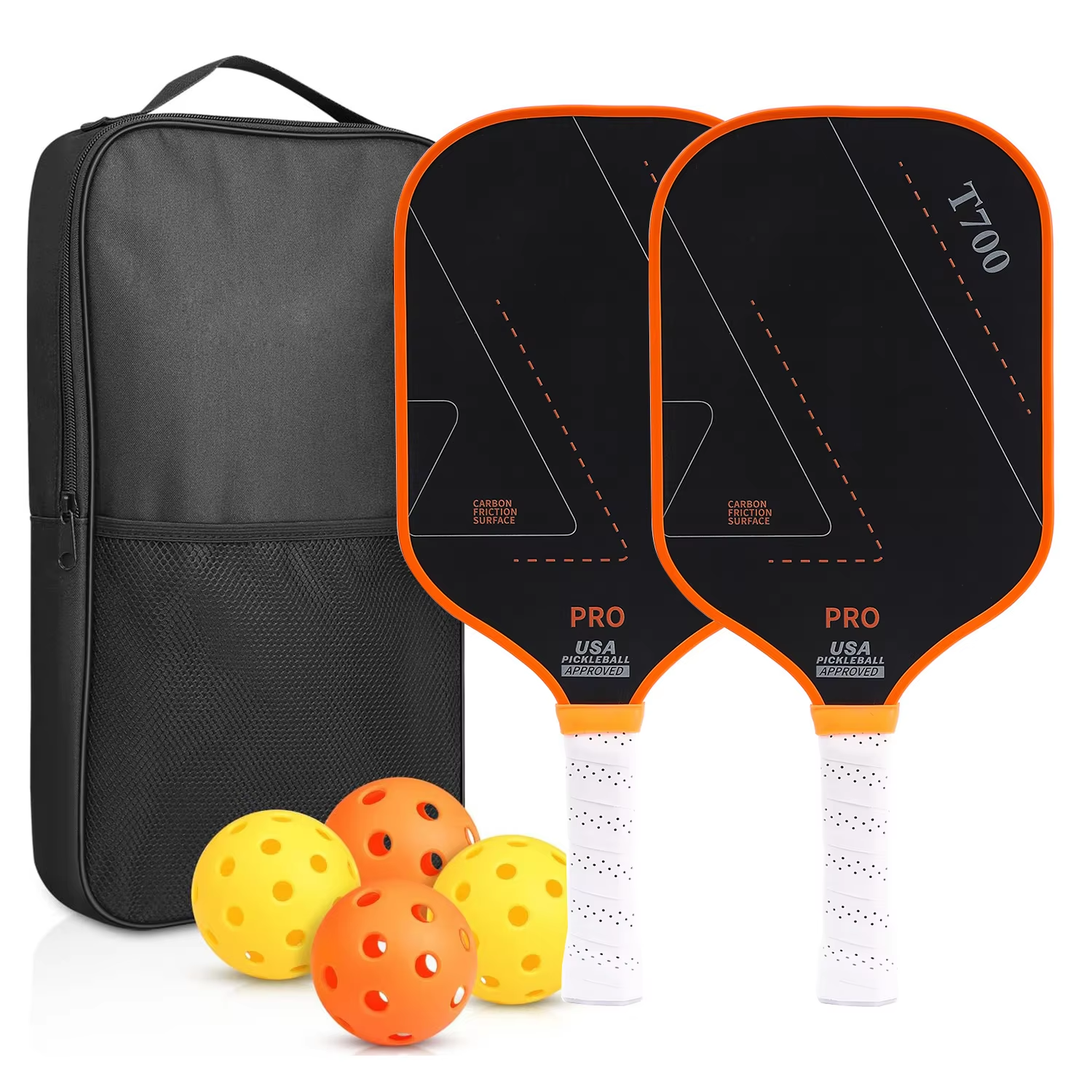 T700 Carbon Fiber Pickleball Paddle Set of 2 - USA Approved 16 mm Honeycomb Core with Bag and Balls