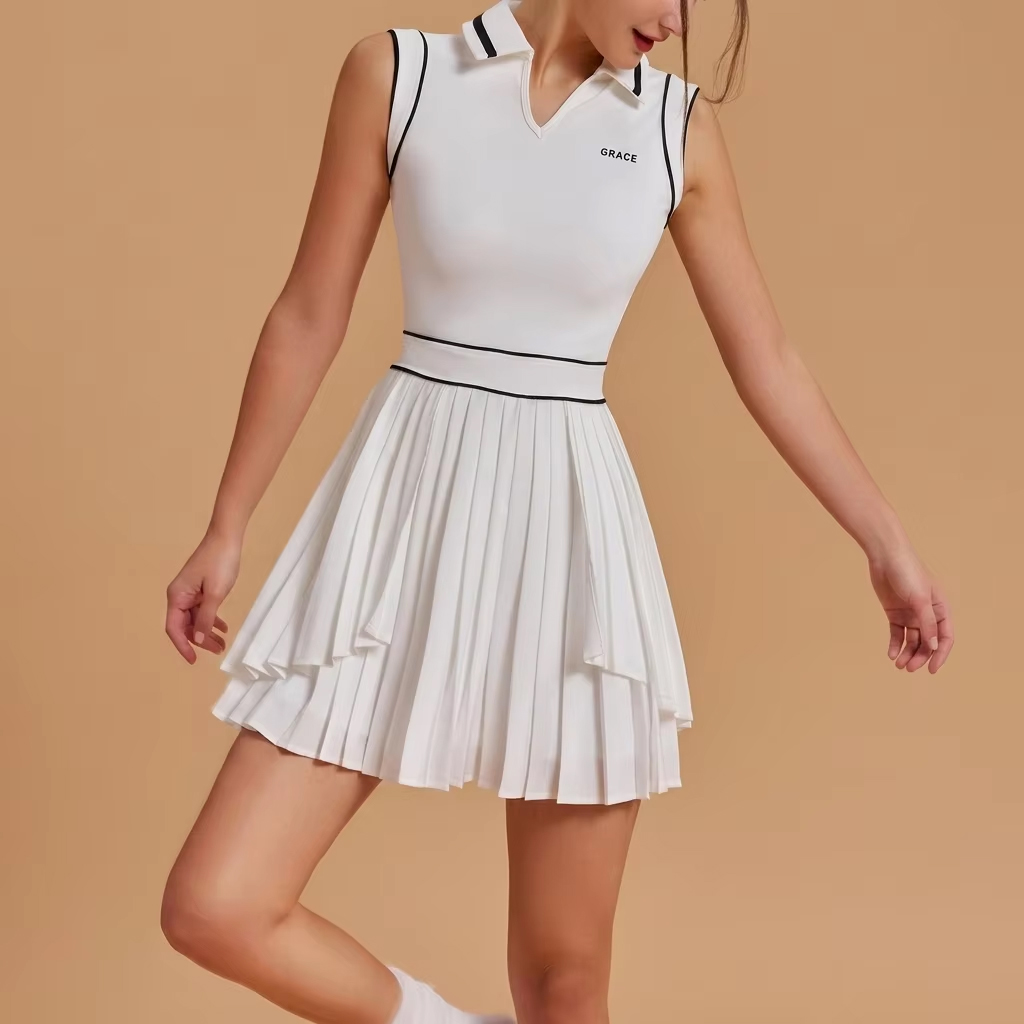 Women's Sleeveless Pleated Tennis Pickleball Dress - Quick Dry Polo Collar Modest Athletic Dress