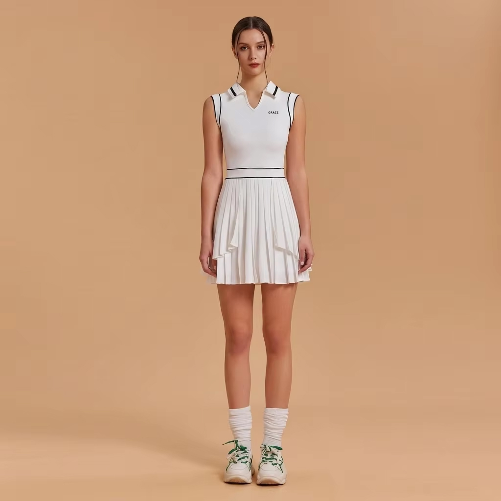 Women's Sleeveless Pleated Tennis Pickleball Dress - Quick Dry Polo Collar Modest Athletic Dress