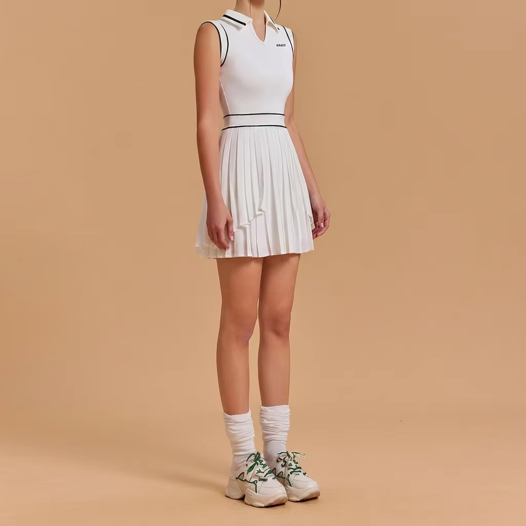 Women's Sleeveless Pleated Tennis Pickleball Dress - Quick Dry Polo Collar Modest Athletic Dress