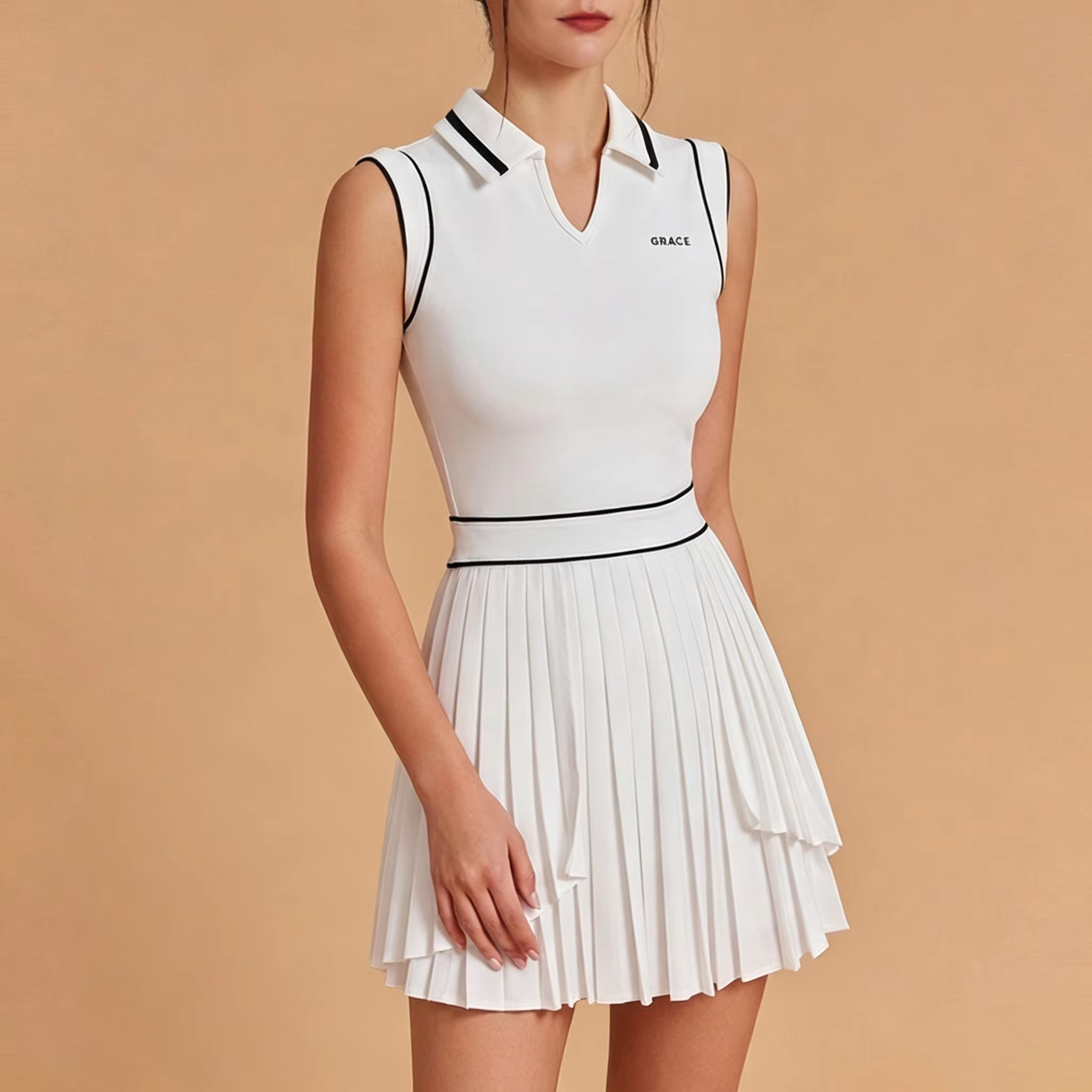 Women's Sleeveless Pleated Tennis Pickleball Dress - Quick Dry Polo Collar Modest Athletic Dress