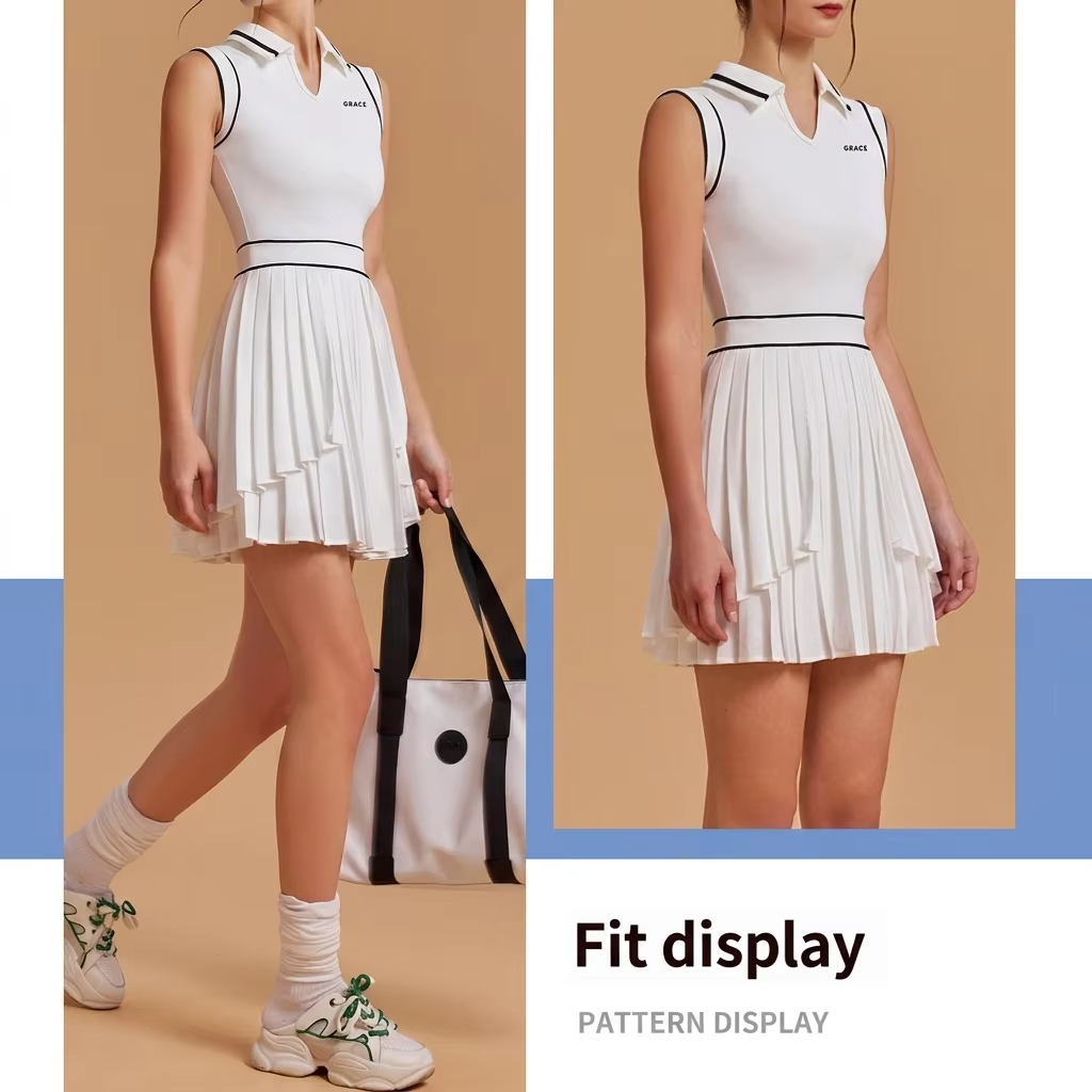 Women's Sleeveless Pleated Tennis Pickleball Dress - Quick Dry Polo Collar Modest Athletic Dress