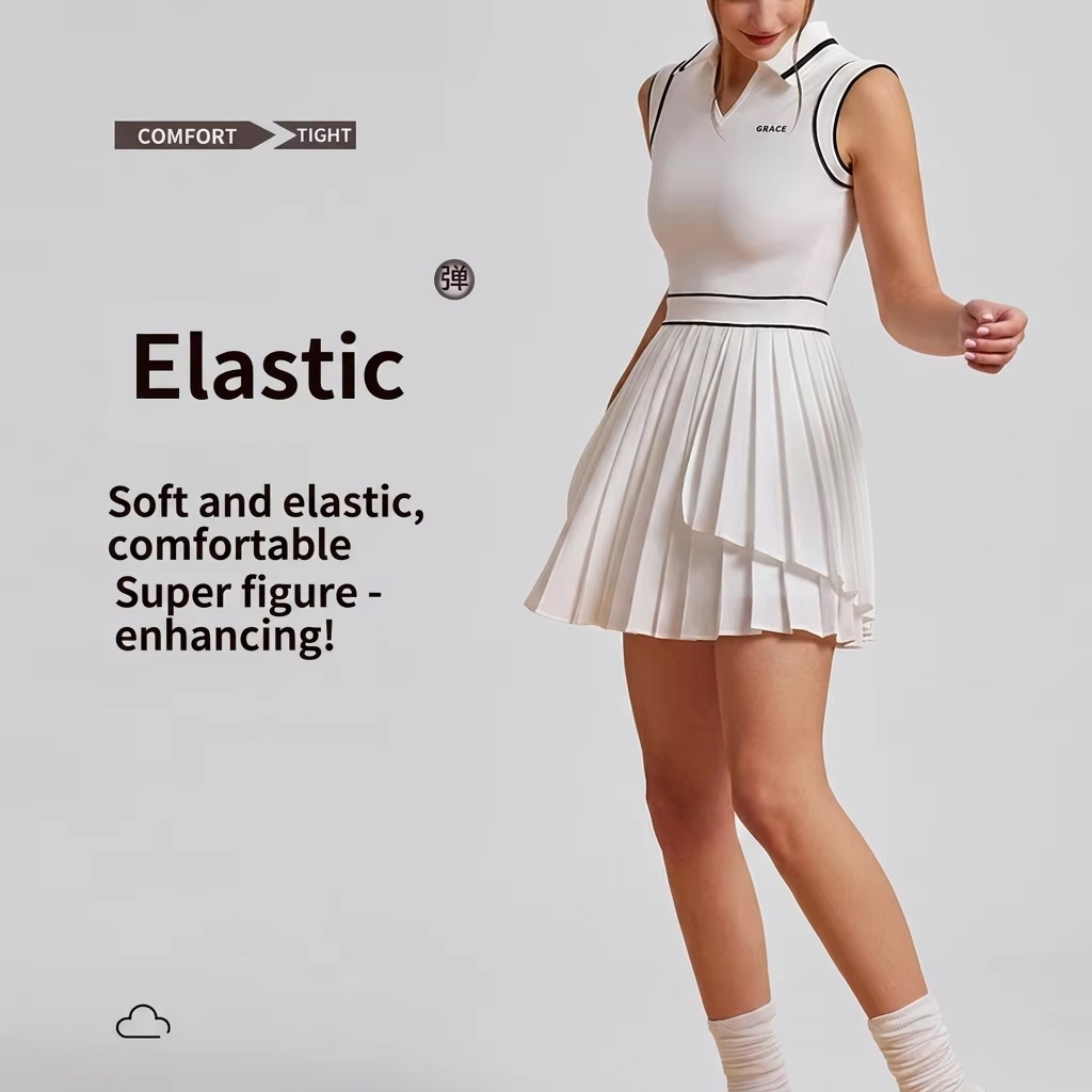 Women's Sleeveless Pleated Tennis Pickleball Dress - Quick Dry Polo Collar Modest Athletic Dress