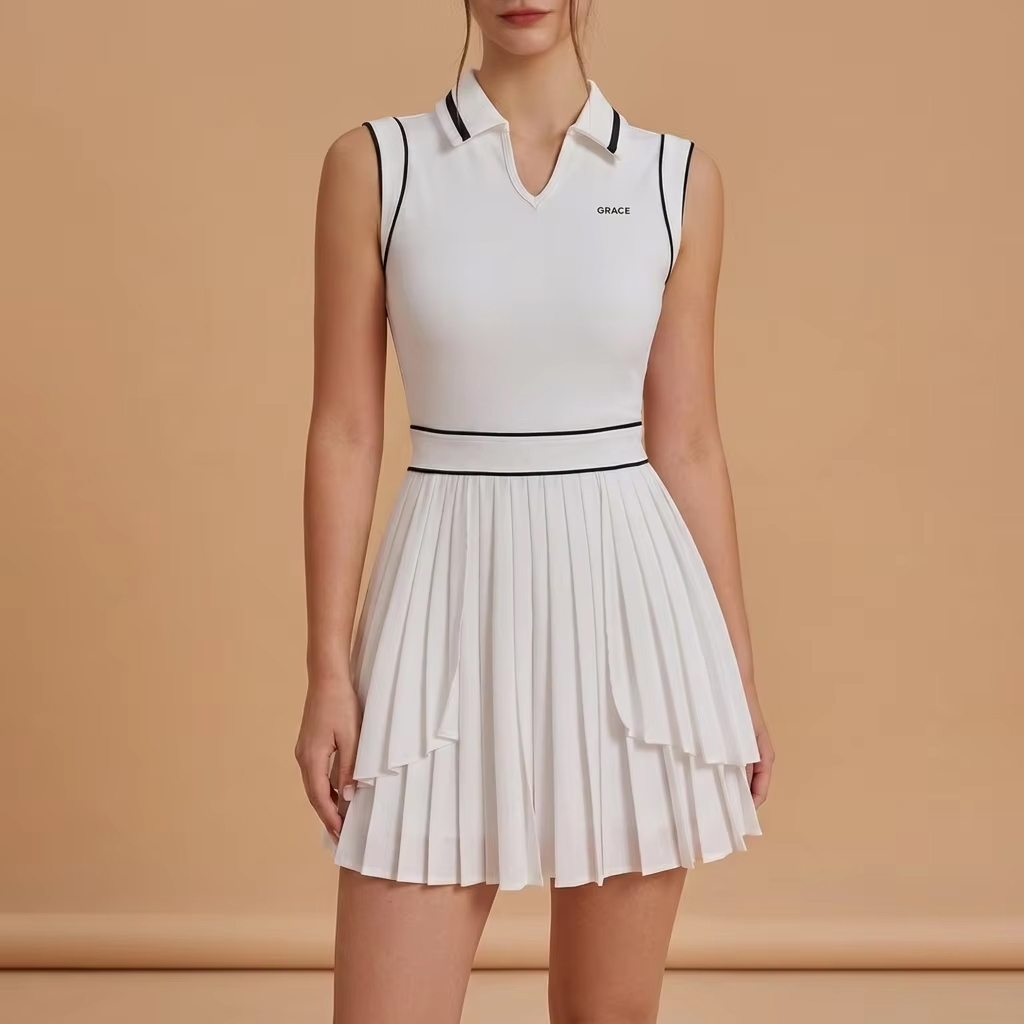 Women's Sleeveless Pleated Tennis Pickleball Dress - Quick Dry Polo Collar Modest Athletic Dress