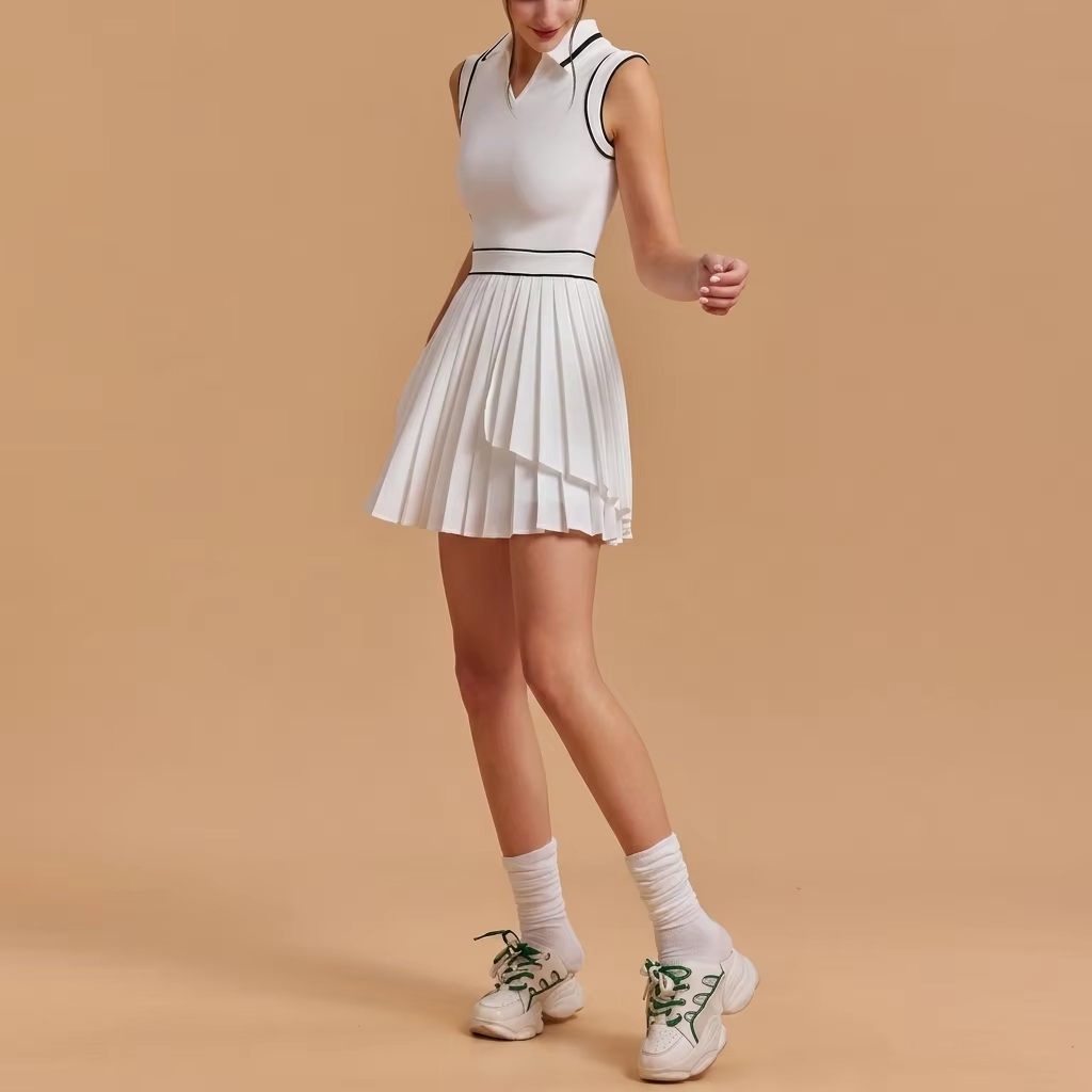 Women's Sleeveless Pleated Tennis Pickleball Dress - Quick Dry Polo Collar Modest Athletic Dress