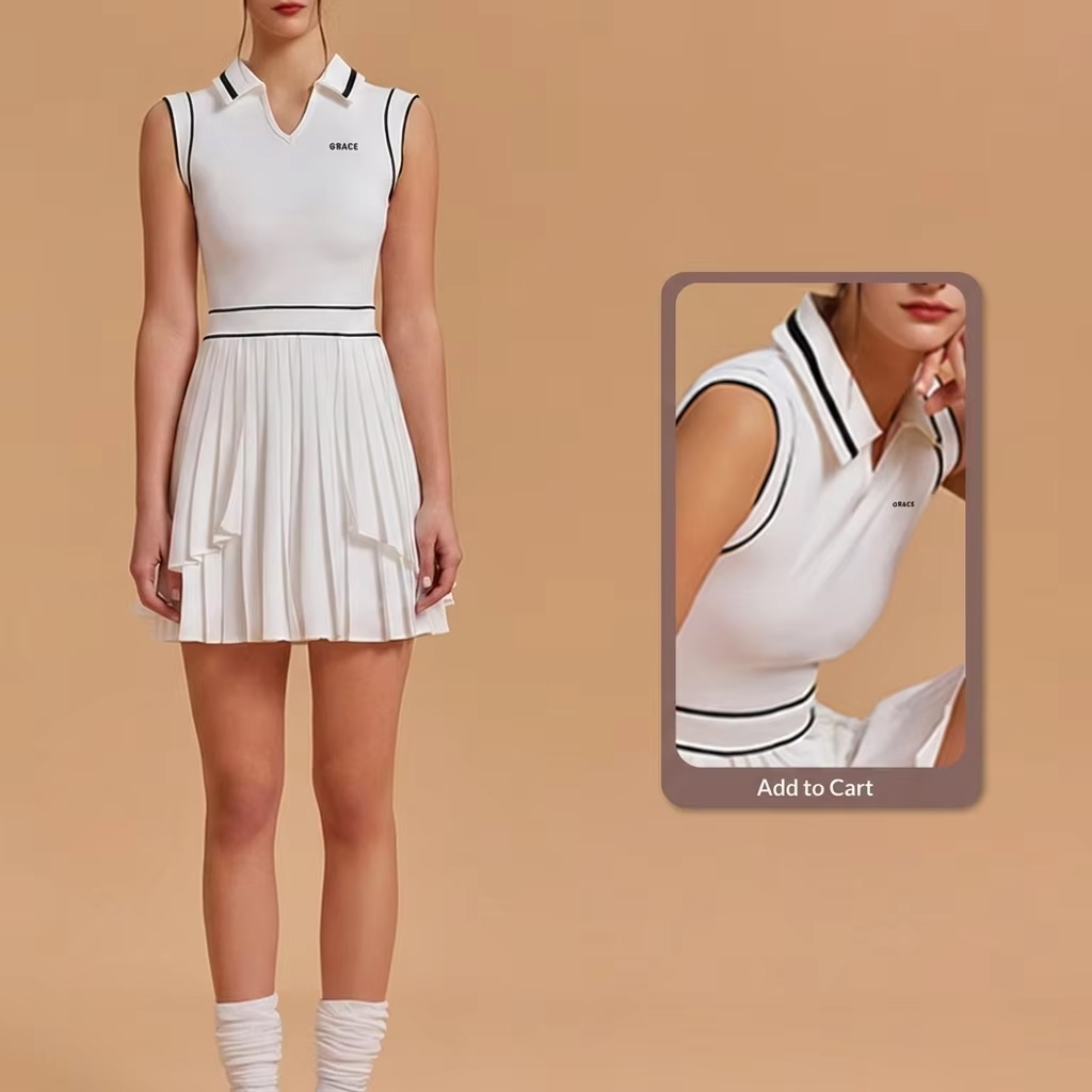 Women's Sleeveless Pleated Tennis Pickleball Dress - Quick Dry Polo Collar Modest Athletic Dress