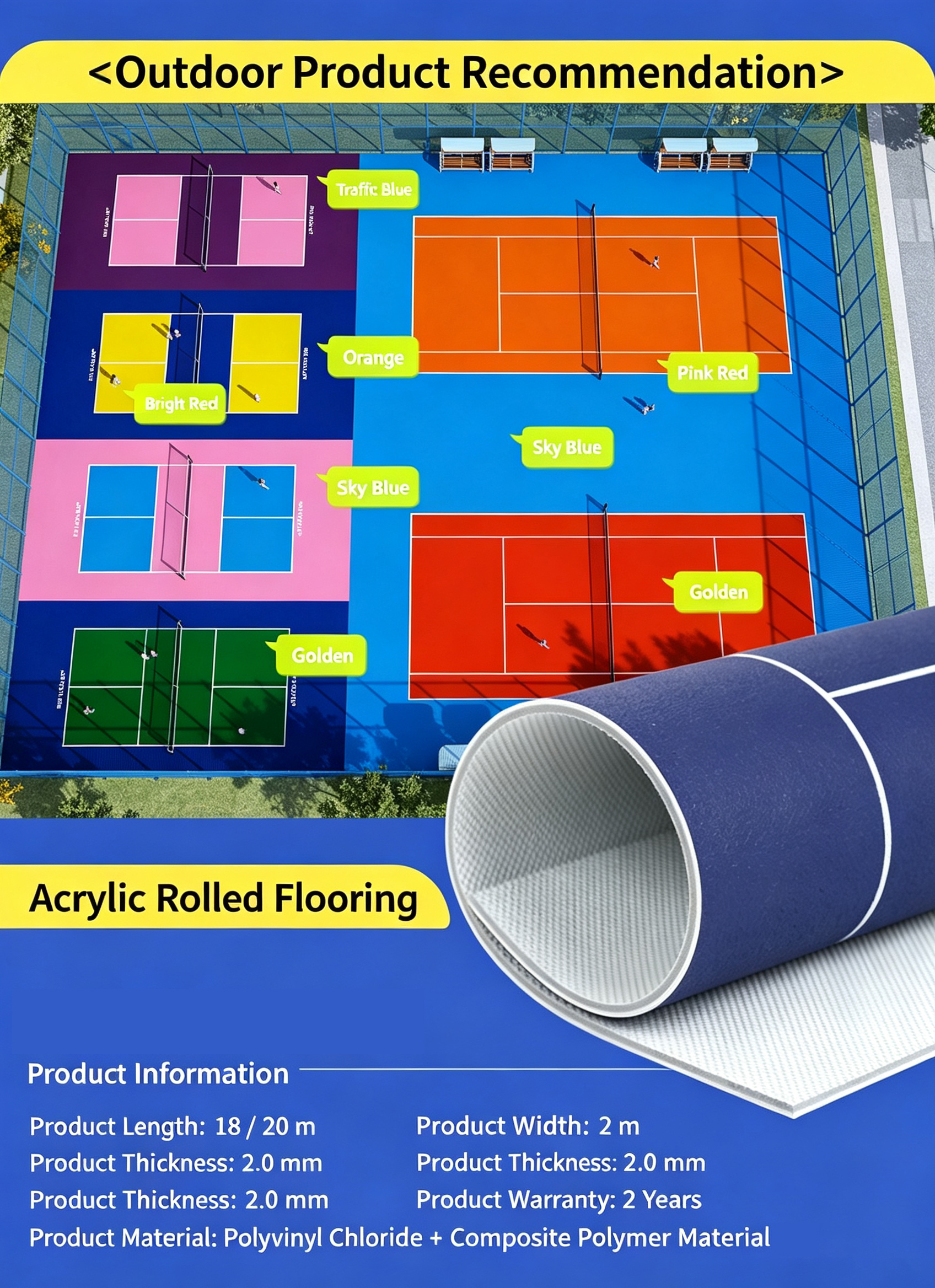 Custom Printed Pickleball Court Flooring - Acrylic PVC Rolls and Interlocking Tiles Indoor Outdoor